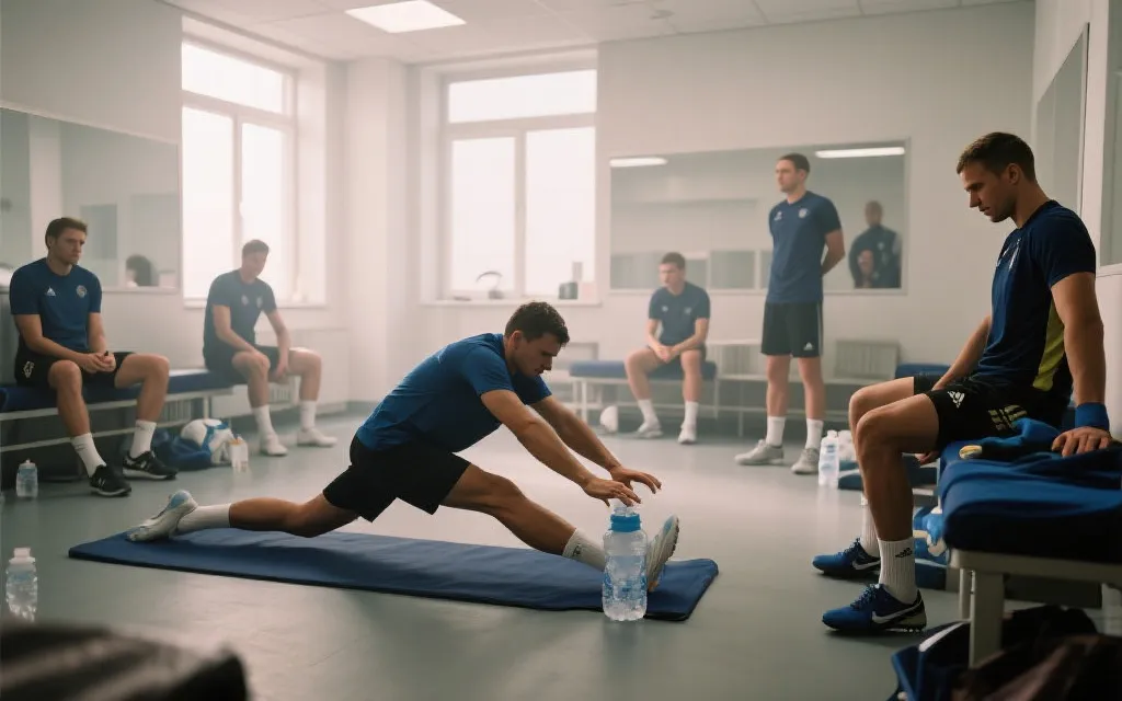 赛后恢复场景：球员在理疗区进行冷疗与拉伸，旁边有战术板与数据记录